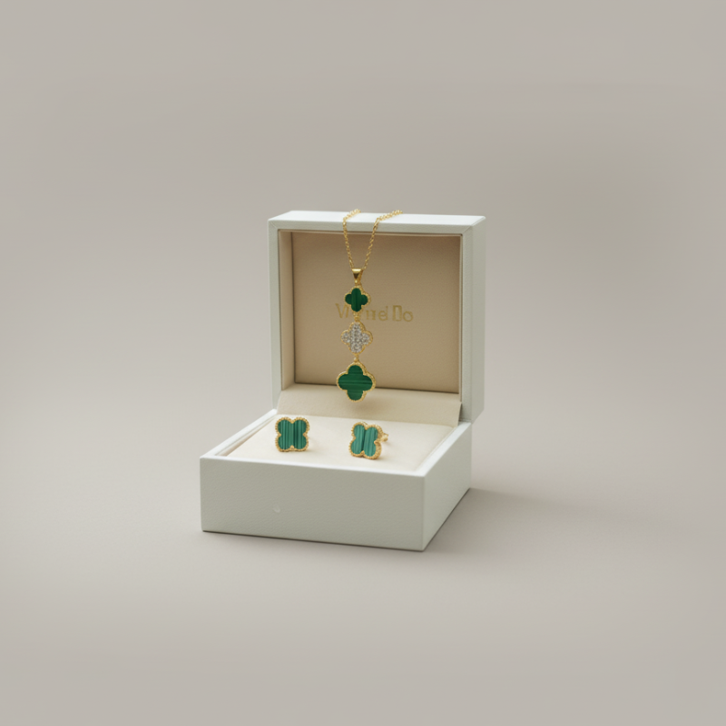 Green Clover Station Necklace With Earring Gold Plated
