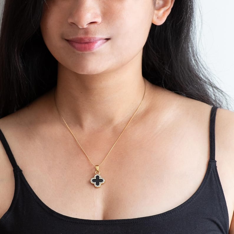 Two-Sided Black & White Clover Necklace