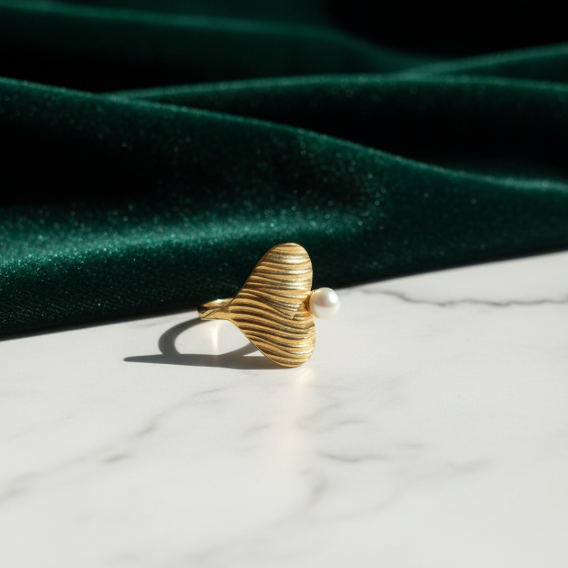 Gold Plated Heart and Pearl Ring