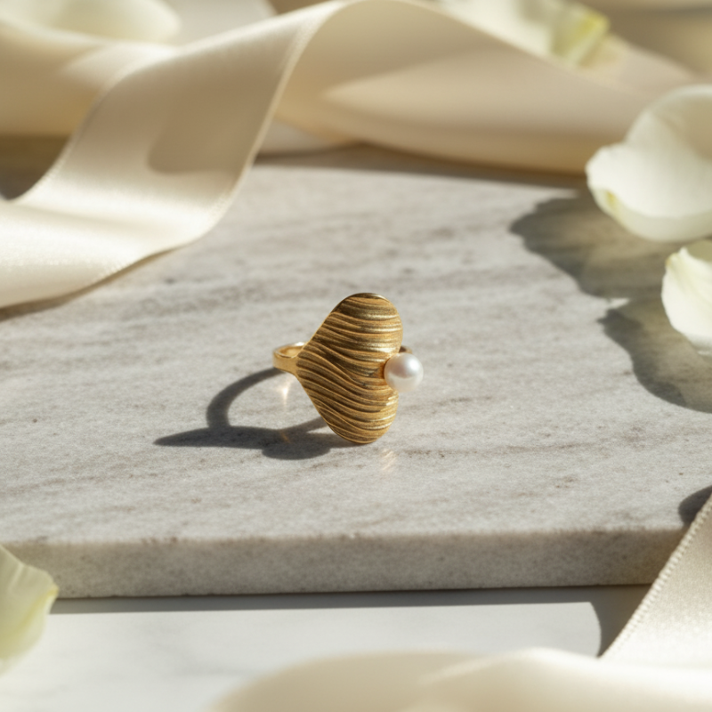 Gold Plated Heart and Pearl Ring