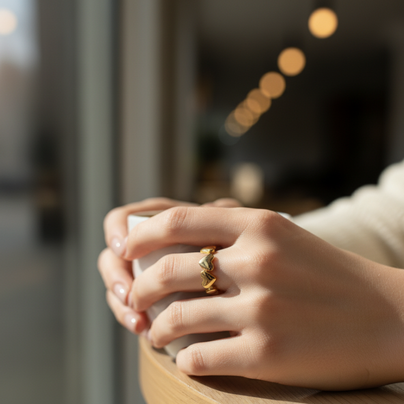 Six Heart Adjustable Ring Gold Plated Anti tarnish Stainless Steel
