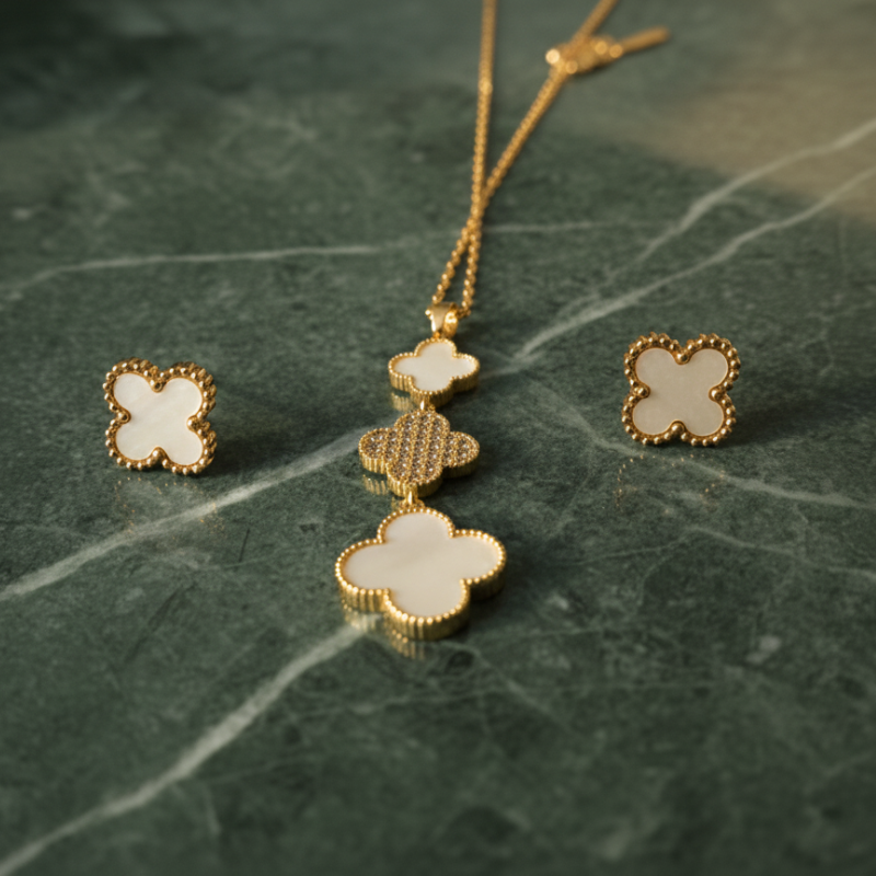 White Clover Station Necklace With Earring Gold Plated