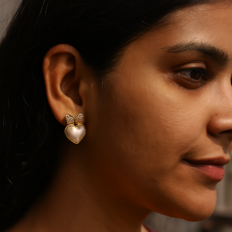 White Heart with Bow Earring