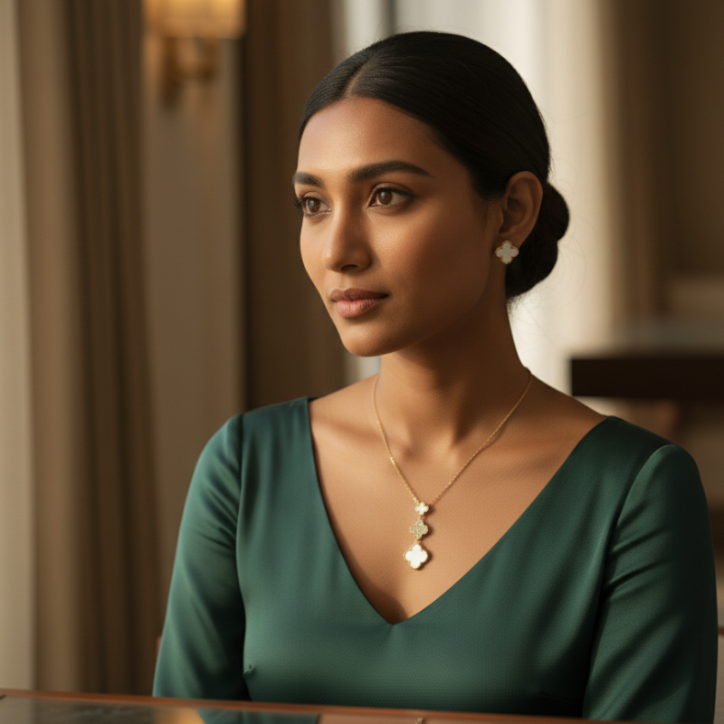 White Clover Station Necklace With Earring Gold Plated