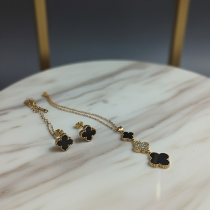 Black Gold & Silver Clover Station Necklace Anti Tarnish And Earring