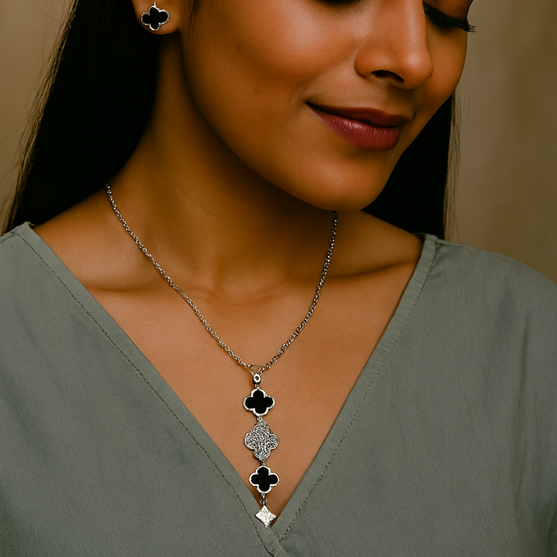 Black Gold & Silver Clover Station Necklace Anti Tarnish And Earring
