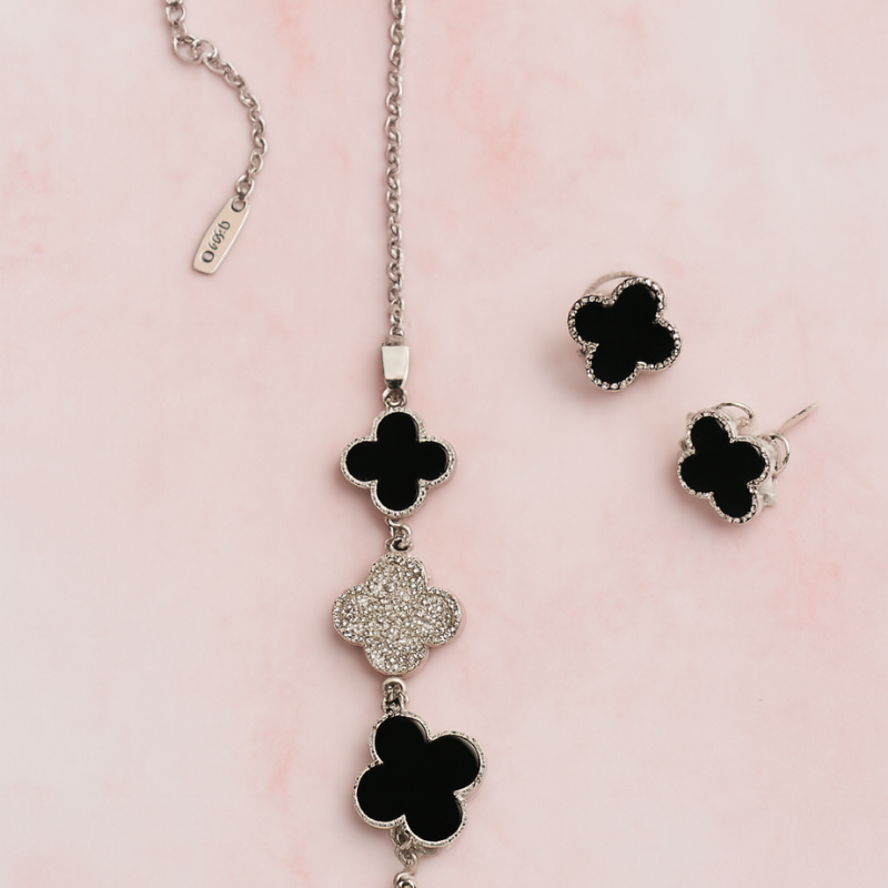 Black Gold & Silver Clover Station Necklace Anti Tarnish And Earring