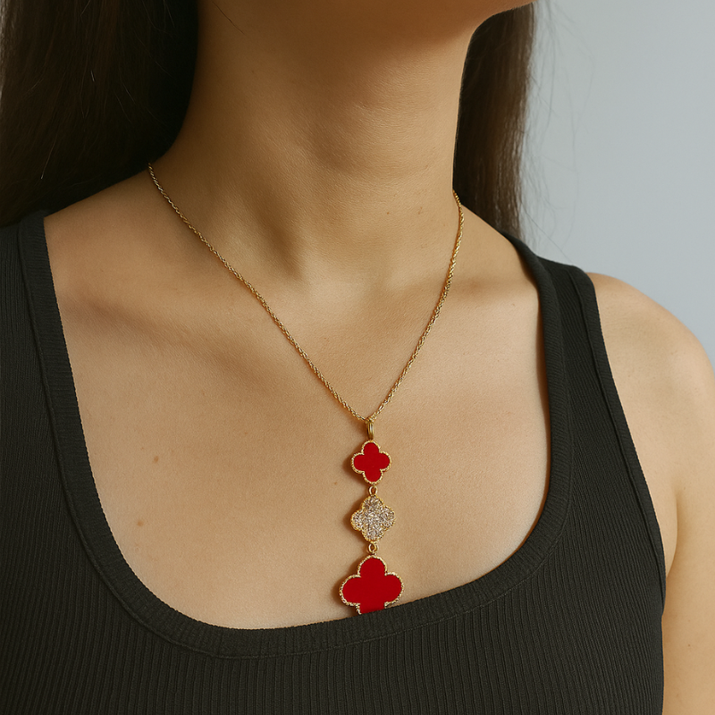 Red Clover Station Necklace With Earring Gold Plated