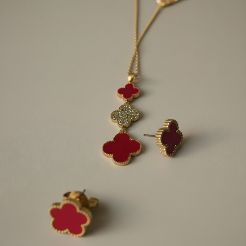 Red Clover Station Necklace With Earring Gold Plated
