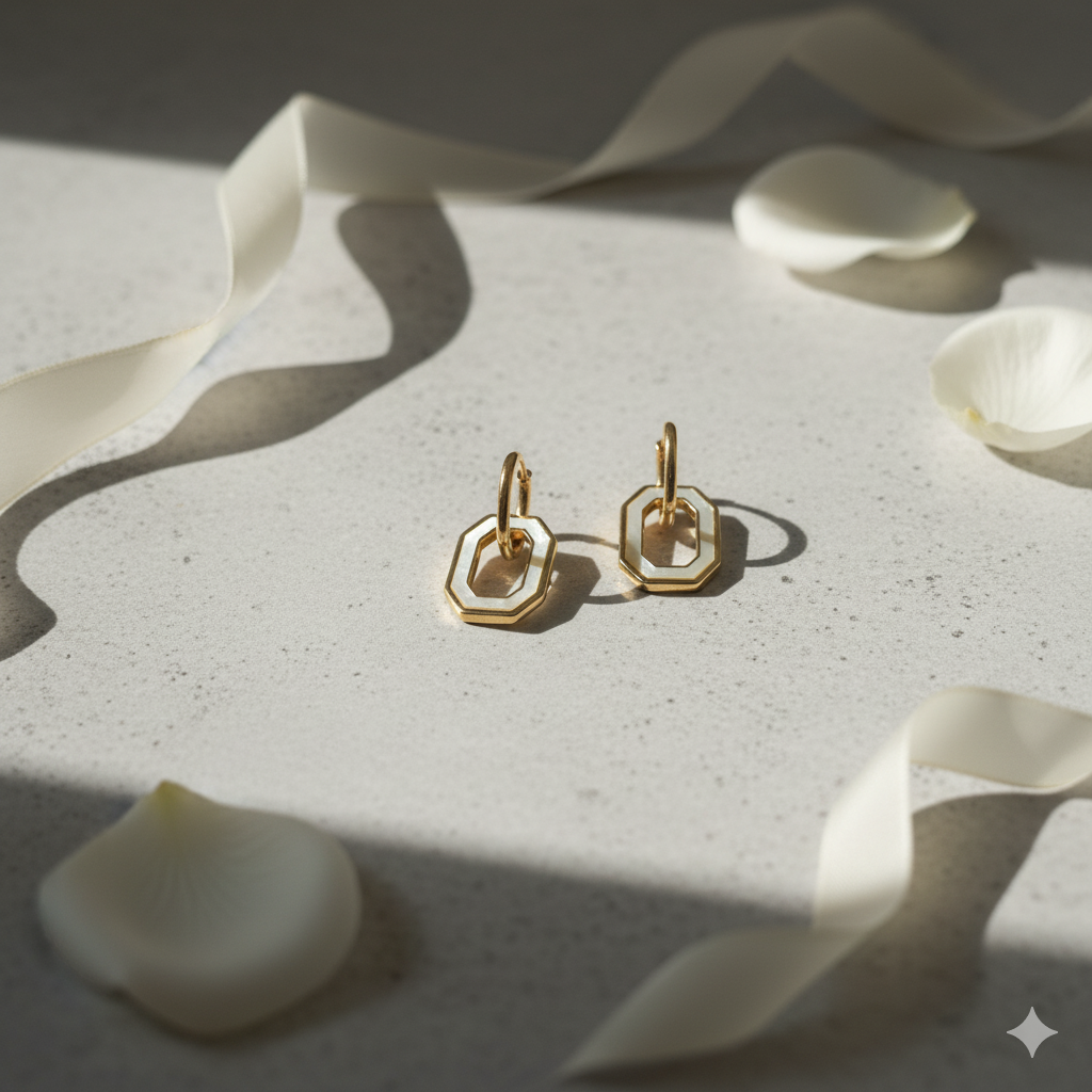 White layered Octagon Design Gold Plated Earring