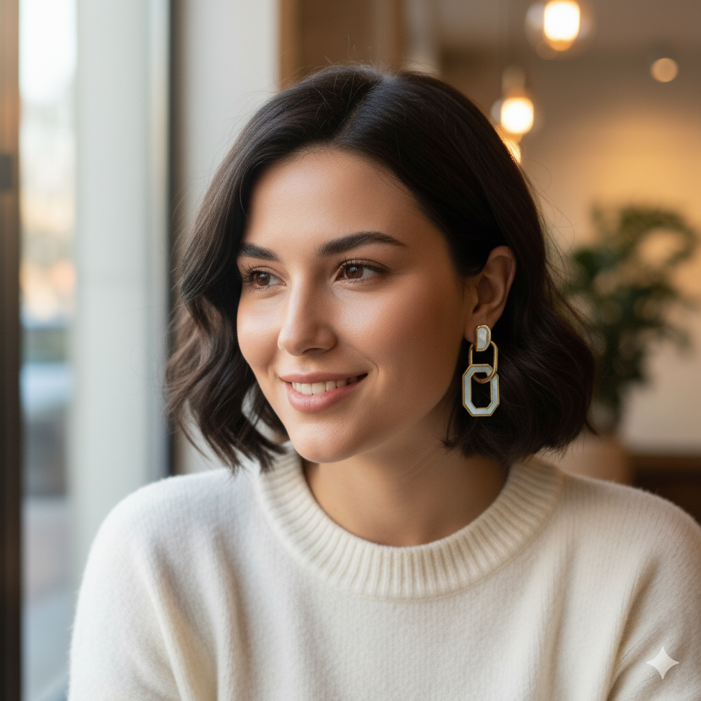 White layered Octagon Design Gold Plated Earring