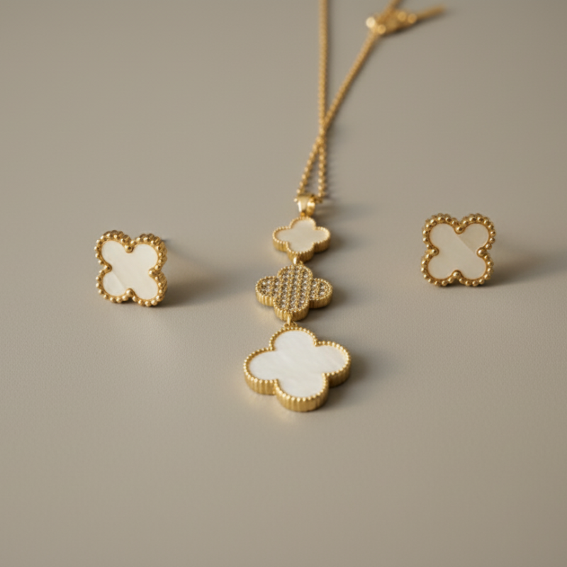White Clover Station Necklace With Earring Gold Plated